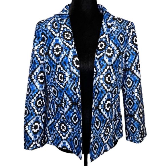 Kasper Cabana Blue Black & White Ikat Open Front Mandarin Collar Blazer Size 8 - Picture 10 of 10